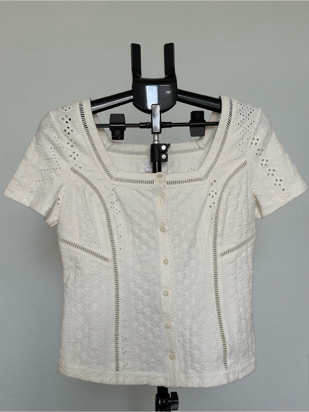 Anthropologie Cream Eyelet Button-Front Short Sleeve Top